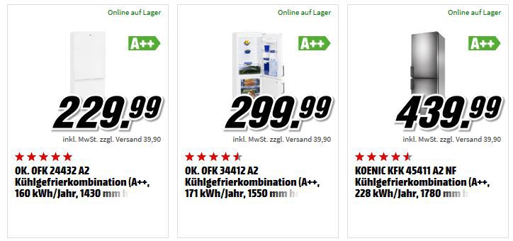 KOENIC  & OK günstige Kühlgefrierkombination, Kühlschränke, Einbaugeräte und Gefriergeräte ab 99€