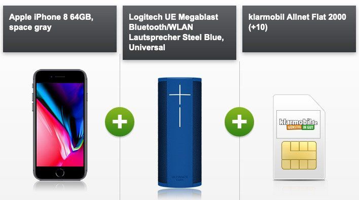 Apple iPhone 8 mit Logitech UE Megablast für 4,95 +  Klarmobil Allnet Flat im Vodafone Netz mit 2GB für 29,99 mtl.