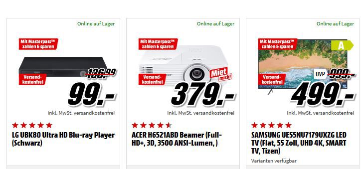 Media Markt Feiertags Sale + Masterpass Rabatt   Spiele, Filme & Zubehör: z.B. ACER H6521 FullHD 3D Beamer ab 364€ (statt 403€)