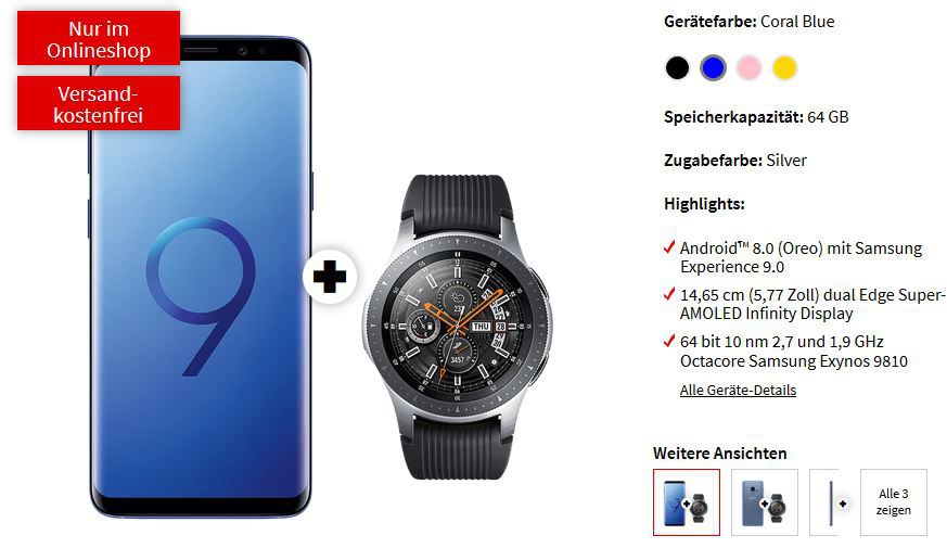 Samsung Galaxy S9 mit Galaxy Watch 46mm für 29€ + o2 Free M mit 10GB LTE für 29,99€ mtl.