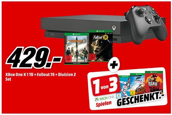 Xbox One S 1TB + The Division 2 + Fallout76 + 3. Spiel (z.B. Red Dead Redemption 2) nur 222€ (statt 280€)