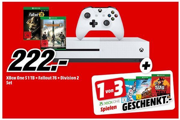 Xbox One S 1TB + The Division 2 + Fallout76 + 3. Spiel (z.B. Red Dead Redemption 2) nur 222€ (statt 280€)