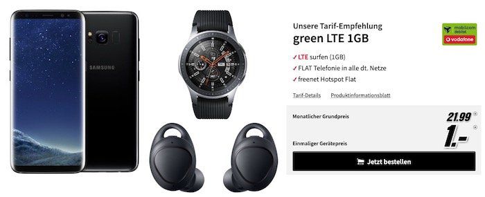 Samsung Galaxy S8 + Galaxy Watch 46mm + Gear IconX nur 1€ + Vodafone Flat mit 1GB LTE für 21,99€ mtl.