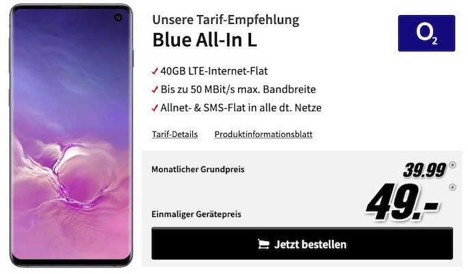 Samsung Galaxy S10 für 49€ + o2 Allnet Flat mit 40GB LTE (!) für 39,99€ mtl.