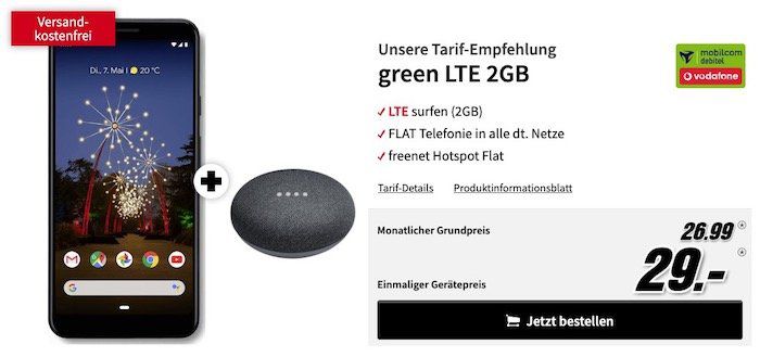 Das neue Google Pixel 3a XL + Google Home mini für 29€ + Vodafone Allnet Flat mit 2GB LTE für 26,99€ mtl.