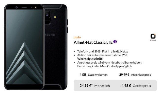 2x Samsung Galaxy A6 (2018) für 4,95€ + Vodafone Allnet Flat mit 4GB LTE für 24,99€ mtl.