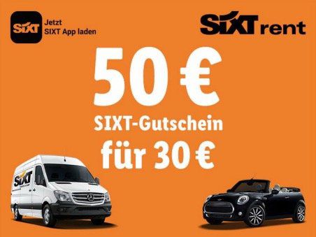 50€ Sixt Gutschein für 30€   gilt nur in Deutschland ab 3 Tage Mietlänge