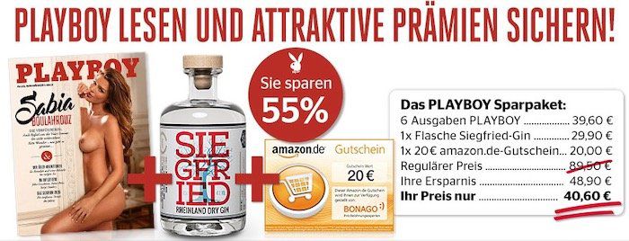 6x Playboy + Siegfried Gin + 20€ Amazon Gutschein für nur 40,60€