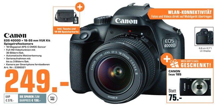 🔥 CANON EOS 4000D mit 18 55mm Objektiv + Tasche + Karte + CANON Ixus 185 für 253,99€ (statt 338€)