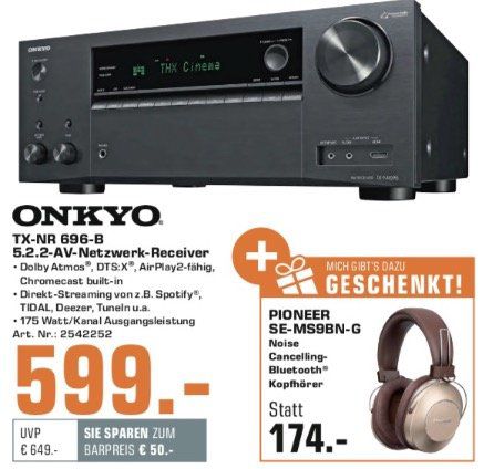ONKYO TX NR 696 Netzwerk AV Receiver + PIONEER S9 Over ear Kopfhörer für 603,99€ inkl. Versand (statt 733€)