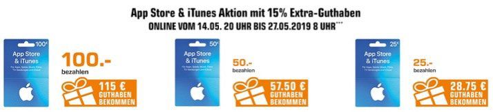 Saturn: App Store und auf iTunes Guthaben mit Bonus kaufen   z.B. 100€ kaufen und 115€ erhalten