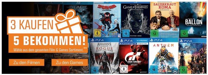 Games & Filme: 3 kaufen + 2 geschenkt bei Saturn