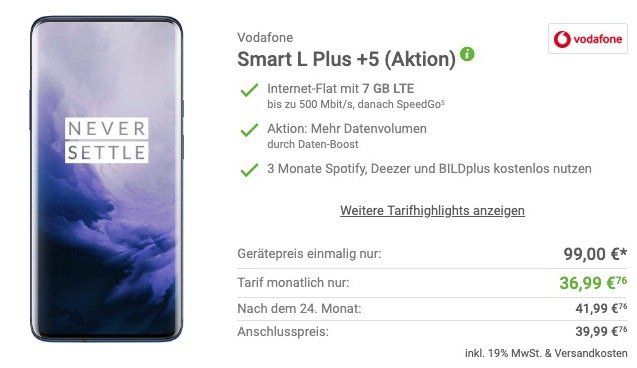 OnePlus 7 Pro mit 256GB für 99€ + Vodafone Allnet Flat mit 7GB LTE für 36,99€ mtl.   junge Leute 12GB LTE