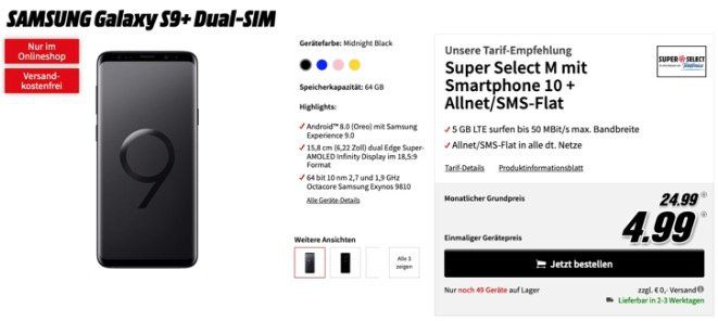 Samsung Galaxy S9+ für 4,99€ + o2 Allnet Flat mit 5GB LTE für 24,99€ mtl.