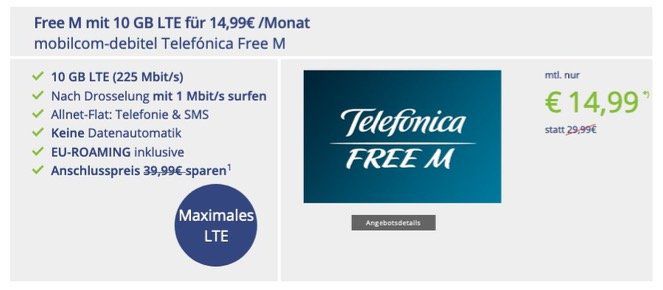 o2 Free M mit 10GB LTE für 14,99€ mtl.   danach mit 1MBit weitersurfen