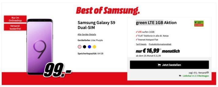 Samsung Galaxy S9 für 99€ + md Vodafone Allnet Flat mit 1GB LTE für 16,99€ mtl.