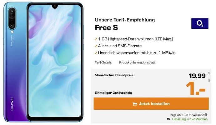 Huawei P30 lite für 1€ + o2 Allnet Flat mit 1GB LTE für 19,99€ mtl.