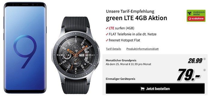 Samsung Galaxy S9+ mit Samsung Galaxy Watch 46mm für 79€ + Vodafone Allnet Flat mit 4GB LTE für 26,99€ mtl.