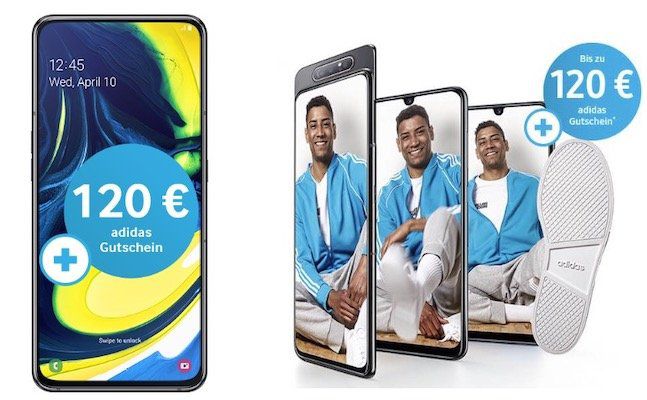 Samsung Galaxy A80 für 79€ + o2 Free Tarif mit 10GB LTE für 29,99€ mtl. + 120€ adidas Gutschein