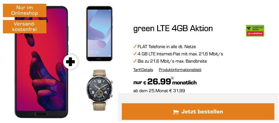 Huawei P20 Pro + Huawei Y6 + Huawei Watch GT für 29€ + Vodafone Flat mit 4GB LTE für 26,99€ mtl.