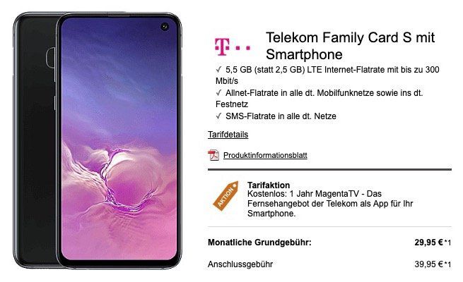 Telekom Family Card S mit 5,5GB LTE für 29,95€ mtl. + 1 Jahr gratis MagentaTV + Samsung Galaxy S10e für 4,99€