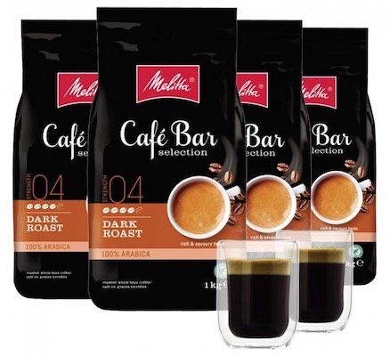 Vorbei! 4kg Melitta Cafe Bar Selection Dark Roast Kaffeebohnen + 2 doppelwandige Gläser für 29,99€ (statt 54€)