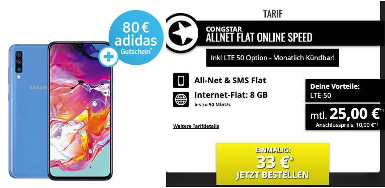 Samsung Galaxy A70 für 33€ + 80€ adidas Gutschein + Telekom Flat von Congstar mit 8GB LTE für 25€ mtl.