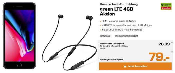 Apple iPhone 8 + Beats X In Ear für 79€ + Vodafone Flat mit 4GB LTE für 26,99€ mtl.