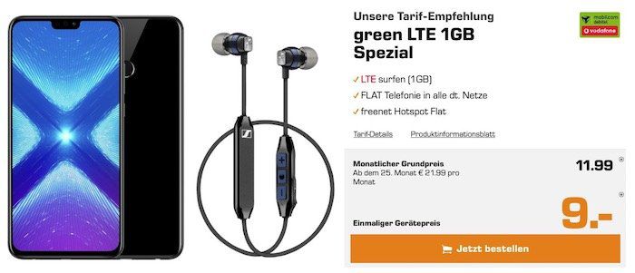 Honor 8x Dual SIM mit 64GB + Sennheiser CX6 für 9€ + Vodafone Flat mit 1GB LTE für 11,99€ mtl.