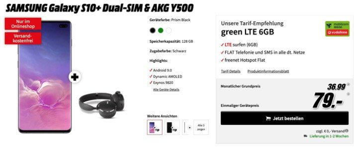 Galaxy S10+ mit 128GB für 79€ + gratis AKG Kopfhörer + Vodafone Flat mit 6GB LTE für 36,99€ mtl.