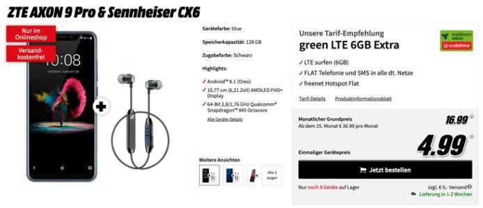 ZTE Axon 9 Pro + Sennheiser CX6 für 5€ + Vodafone Allnet Flat mit 6GB LTE für 16,99€ mtl.