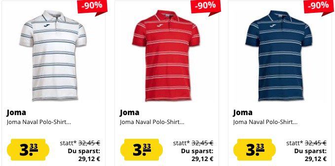 Joma Restposten Sale ab 3,33€   z.B. Poloshirts je nur 3,33€ (statt 13€)