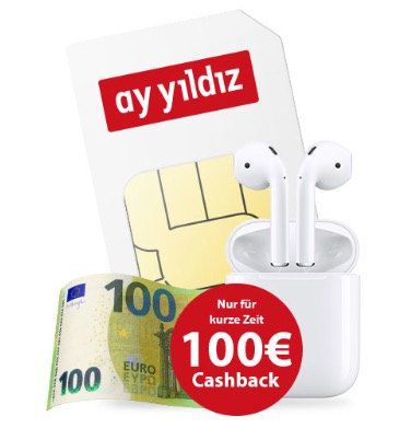 Apple AirPods (2. Generation) + 100€ Cashback + o2 Allnet Flat von Ay Yildiz mit 4,5GB LTE für 14,99€ mtl.