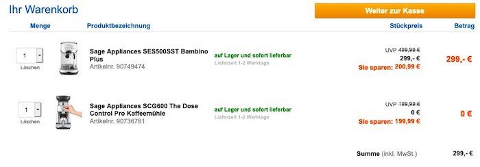 Vorbei! SAGE The Bambino Plus + Sage Kaffeemühle für 299€ (statt 416€)