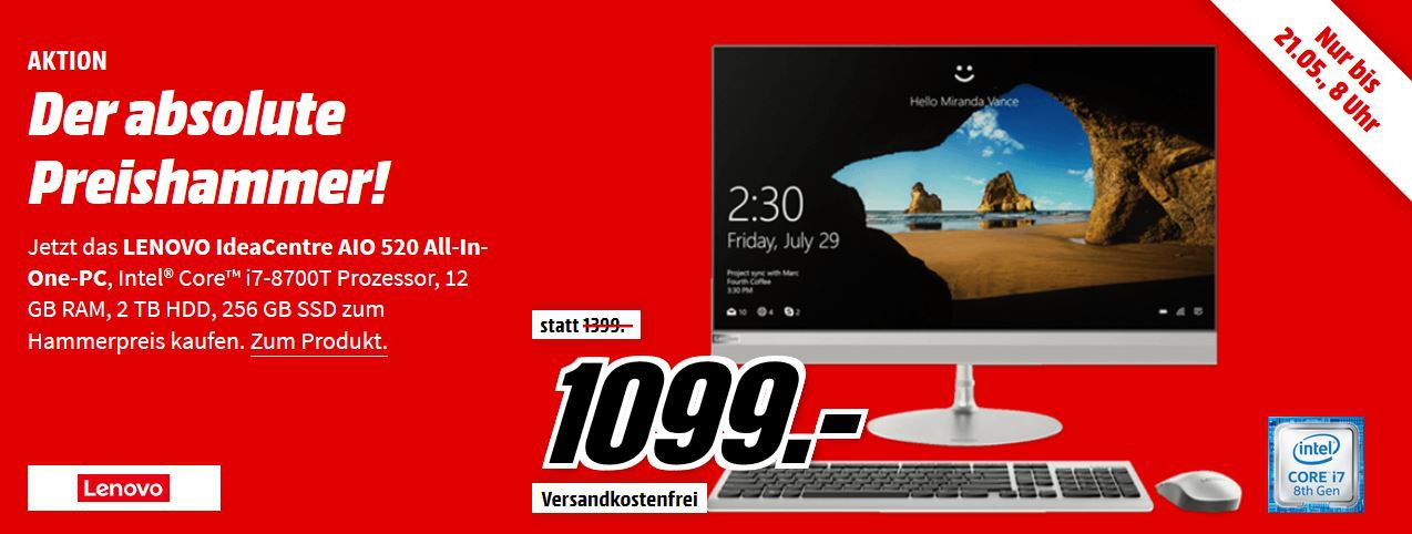 LENOVO IdeaCentre AIO 520  All in One PC mit 27 Display, i7, 12GB RAM, 1TB HDD 256GB SSD für 1.099€ (statt 1.404€)