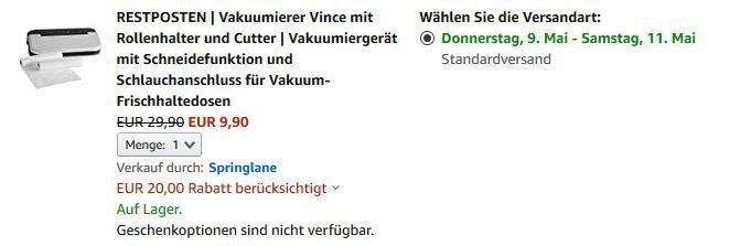 Geht wieder: Springlane Vince Vakuumierer für 9,90€ (statt 30€)