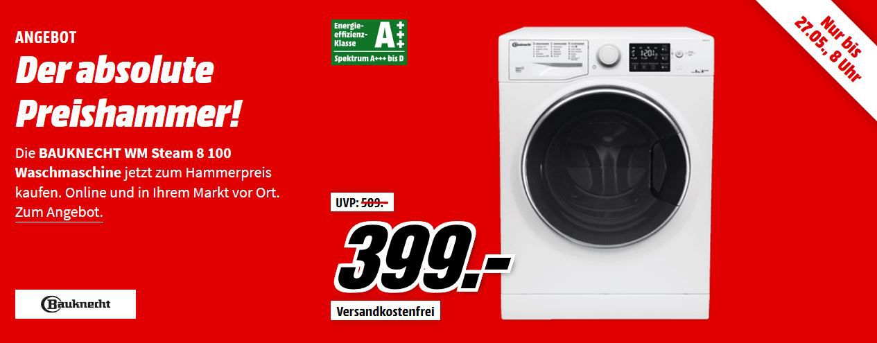 BAUKNECHT WM Steam 8 100 Waschmaschine (8 kg, 1400 U/Min., A+++) für 399€ (statt 449€)