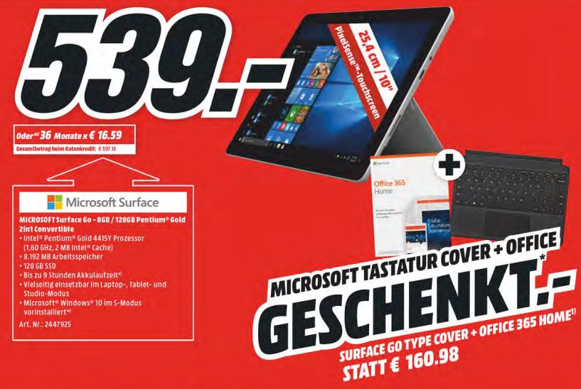 Microsoft Surface Go mit 8GB + Type Cover + Office 365 Personal für 539€ (statt 635€)