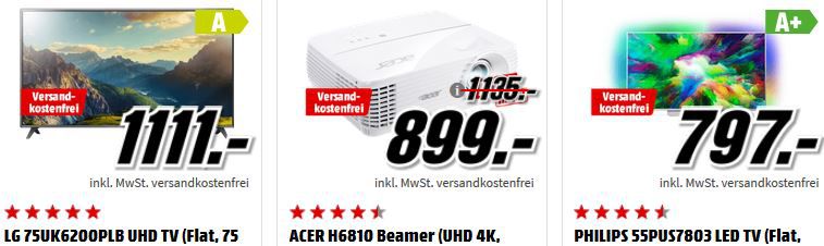 Media Markt TV Audio und Zubehör Aktion: z.B. ACER (HD ready, 3D, 3300 ANSI Lumen) für 299€ (statt 354€)