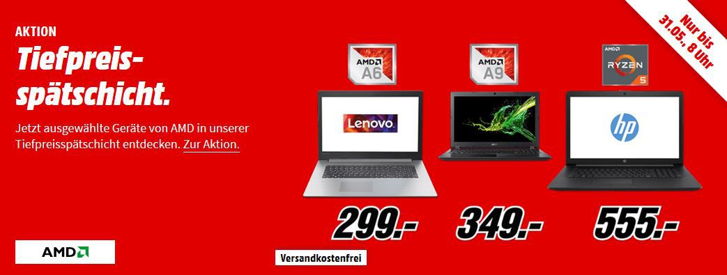 Media Markt AMD Notebook & PC Tiefpreisspätschicht: z.B. ACER Aspire 3   15.6 Notebook 6 GB RAM, 256 GB SSD für 349€ (statt 444€)