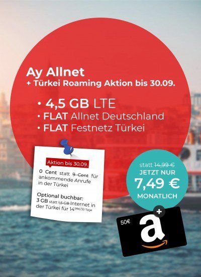 o2 Allnet Flat von Ay Yildiz mit 4,5GB LTE für 7,49€ mtl. + 50€ Amazon Gutschein