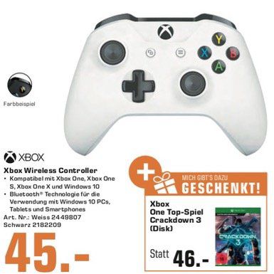Xbox Wireless Controller in Schwarz oder Weiß + Crackdown 3 für 46,99€ (statt 65€)