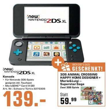 Nintendo 2DS XL + Animal Crossing + Mario&Luigi Superstar für 139€(statt 181,12€)