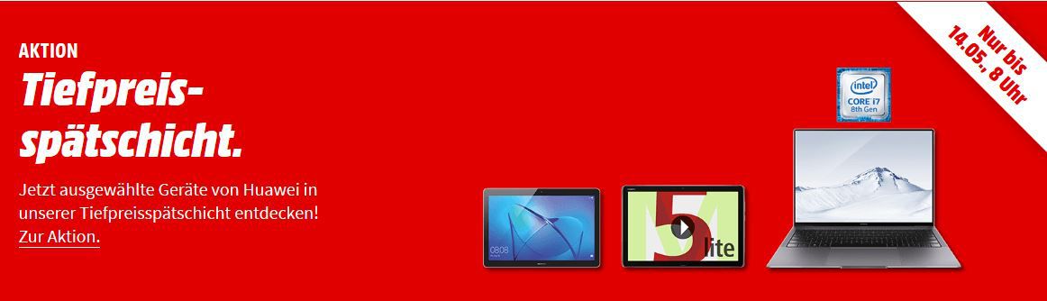 Media Markt Huawei Tiefpreisspätschicht   z. B. HUAWEI MateBook 13 Zoll Display Core i5 für 788€ (statt 884€)