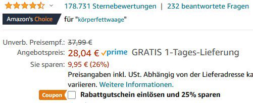 Renpho ESCS20M Bluetooth Körperfettwaage mit App Anbindung für 21€ (statt 33€)