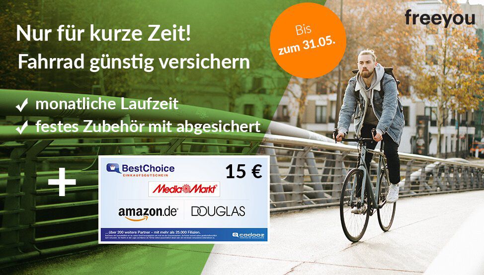 freeyou Fahrradversicherung schon ab ca. 1€ mtl. inkl. Zubehör Absicherung + 15€ Gutschein + monatlich kündbar