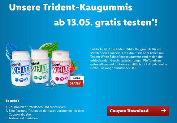 Lidl: Mit Coupon Trident White Kaugummi kostenlos (statt 1,79€)