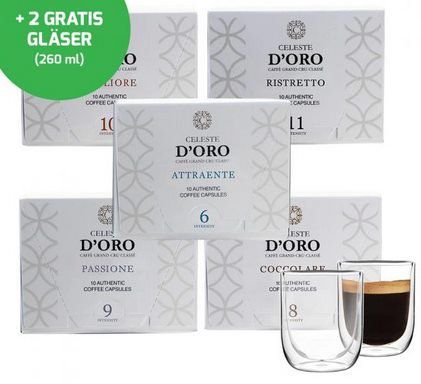 Celeste dOro Probierpaket   100 Kapseln Celeste dOro + 2 Kaffeegläser für 30,94€