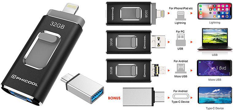 4in1 USB Stick mit TouchID für USB, MicroUSB, TypeC & Lightning mit 64   128GB ab 17,19€