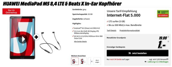 Huawei MediaPad M5 LTE + Beats X In Ears für 1€ + Vodafone 5GB LTE Datenflat für 19,99€ mtl.